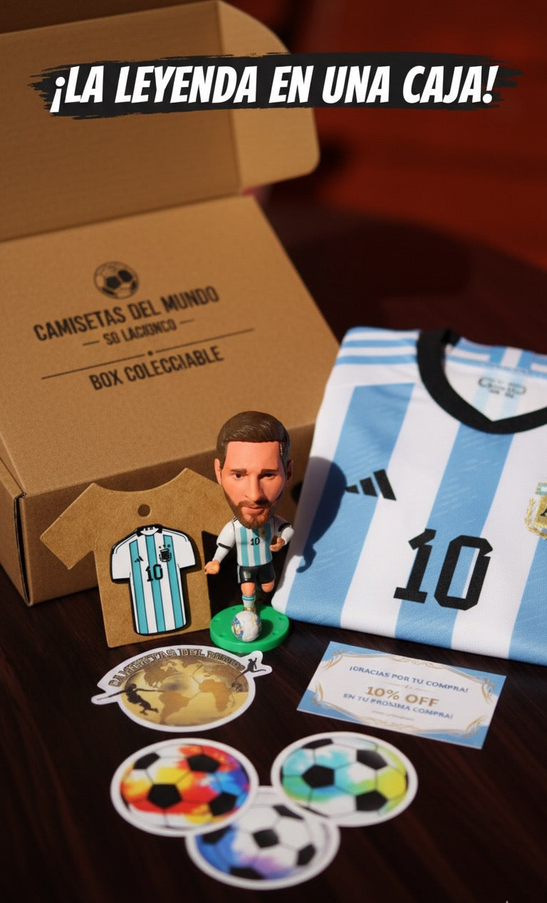 Box Coleccionable LEYENDA MESSI – Incluye Camiseta, Muñeco, Pin Exclusivo, Stickers y una sorpresa.